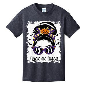 Trick or Teach Cute Halloween Teacher Messy Bun Retro Shades Kids T-Shirt