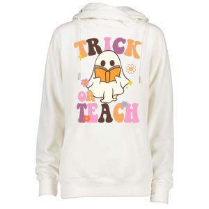 Trick Or Teach Cute Book Ghost Womens Funnel Neck Pullover Hood