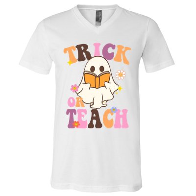 Trick Or Teach Cute Book Ghost V-Neck T-Shirt