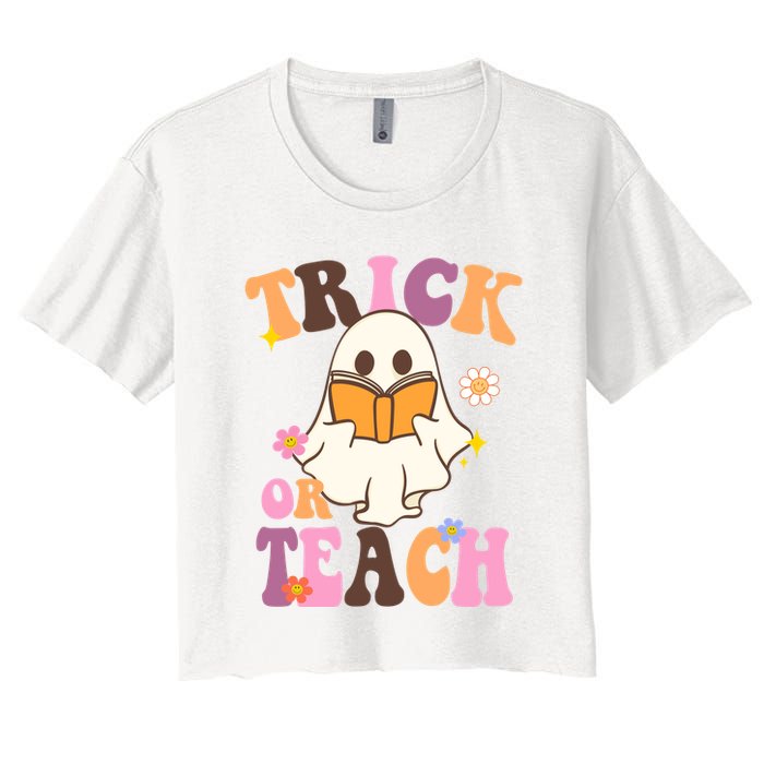 Trick Or Teach Cute Book Ghost Women's Crop Top Tee