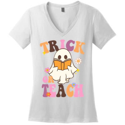 Trick Or Teach Cute Book Ghost Women's V-Neck T-Shirt