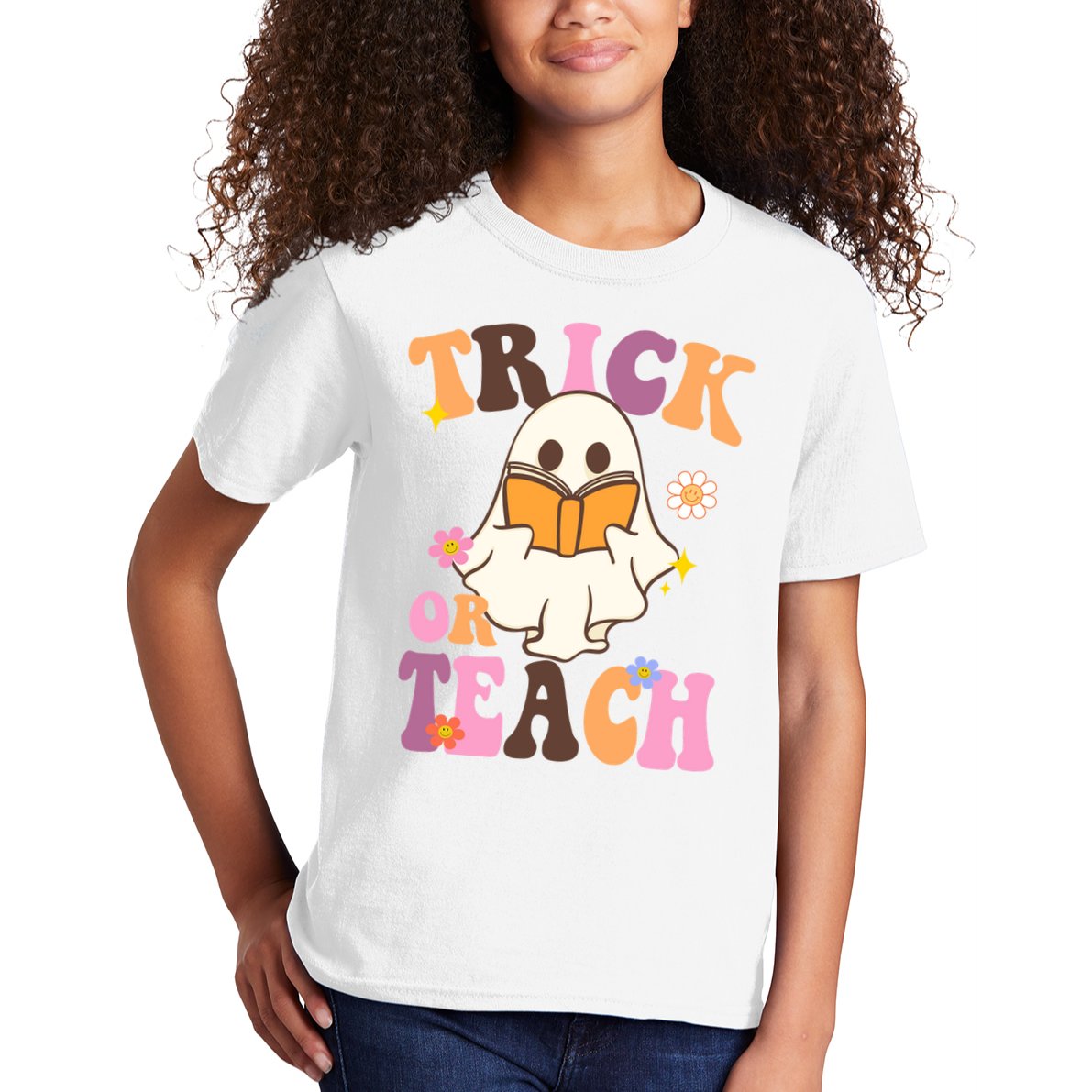 Trick Or Teach Cute Book Ghost Kids T-Shirt