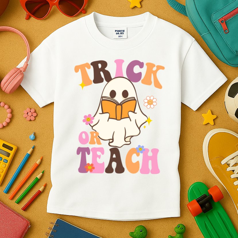 Trick Or Teach Cute Book Ghost Kids T-Shirt