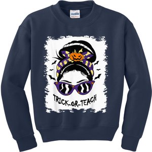 Trick or Teach Cute Halloween Teacher Messy Bun Retro Shades Kids Sweatshirt