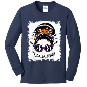 Trick or Teach Cute Halloween Teacher Messy Bun Retro Shades Kids Long Sleeve Shirt