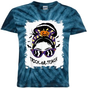 Trick or Teach Cute Halloween Teacher Messy Bun Retro Shades Kids Tie-Dye T-Shirt