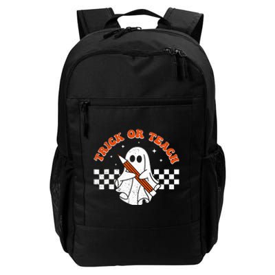 Trick Or Teach Groovy Teacher Halloween Retro Floral Ghost Daily Commute Backpack