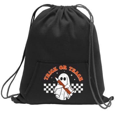 Trick Or Teach Groovy Teacher Halloween Retro Floral Ghost Sweatshirt Cinch Pack Bag