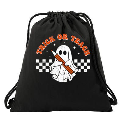 Trick Or Teach Groovy Teacher Halloween Retro Floral Ghost Drawstring Bag