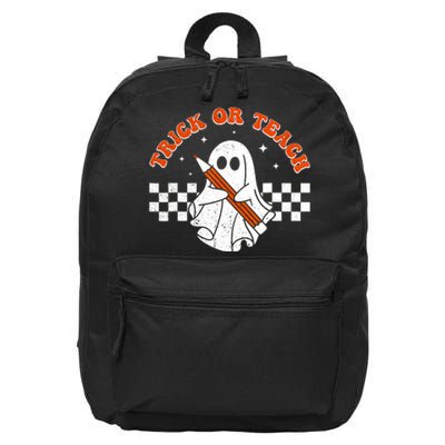 Trick Or Teach Groovy Teacher Halloween Retro Floral Ghost 16 in Basic Backpack