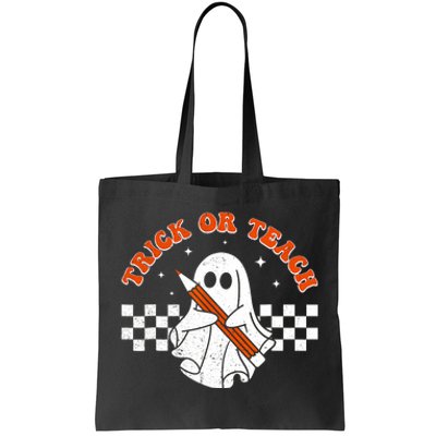 Trick Or Teach Groovy Teacher Halloween Retro Floral Ghost Tote Bag