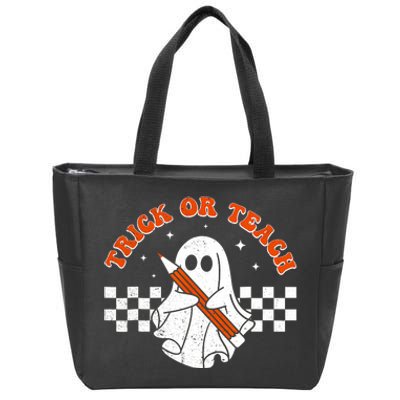 Trick Or Teach Groovy Teacher Halloween Retro Floral Ghost Zip Tote Bag