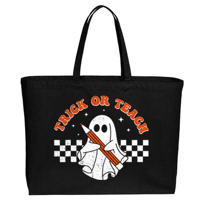 Trick Or Teach Groovy Teacher Halloween Retro Floral Ghost Cotton Canvas Jumbo Tote