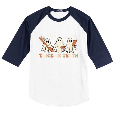 Trick Or Teeth Toothbrush Funny Boo Retro Pumpkin Halloween Gift Baseball Sleeve Shirt