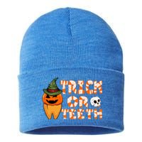 Trick Or Teeth Funny Dentist Halloween Dental Squad Gift Sustainable Knit Beanie