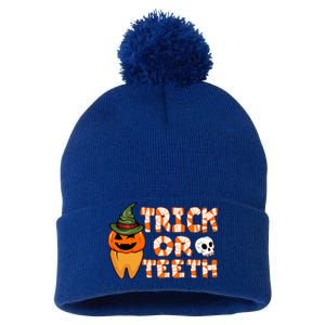 Trick Or Teeth Funny Dentist Halloween Dental Squad Gift Pom Pom 12in Knit Beanie