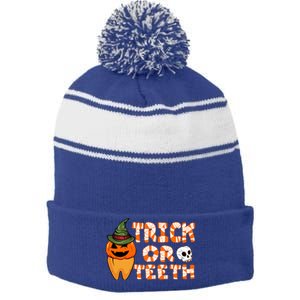 Trick Or Teeth Funny Dentist Halloween Dental Squad Gift Stripe Pom Pom Beanie