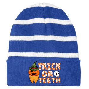 Trick Or Teeth Funny Dentist Halloween Dental Squad Gift Striped Beanie with Solid Band