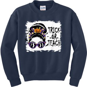 Trick or Teach Cute Halloween Teacher Messy Bun Retro Shades Kids Sweatshirt