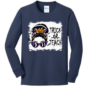 Trick or Teach Cute Halloween Teacher Messy Bun Retro Shades Kids Long Sleeve Shirt