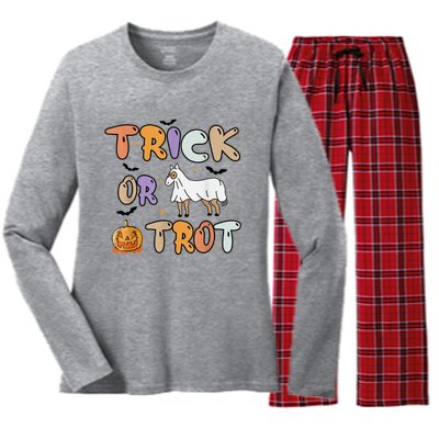 Trick Or Trot Funny Halloween Pumpkin And Cute Ghost Horse Women's Long Sleeve Flannel Pajama Set 