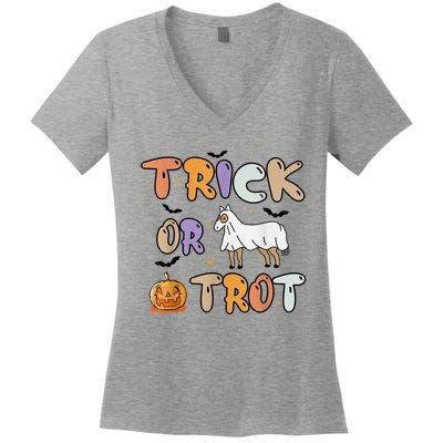 Trick Or Trot Funny Halloween Pumpkin And Cute Ghost Horse Women's V-Neck T-Shirt