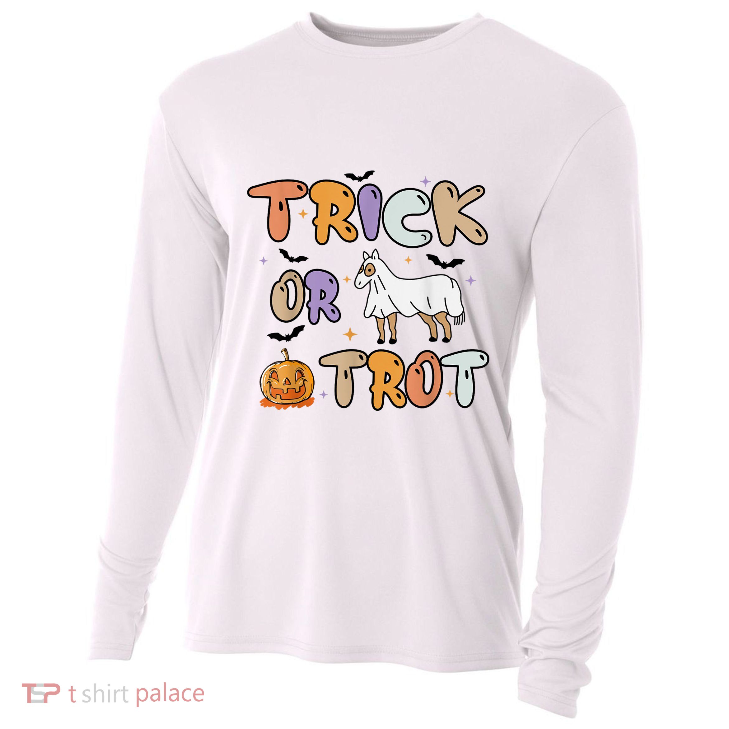 Trick Or Trot Funny Halloween Pumpkin And Cute Ghost Horse Cooling Performance Long Sleeve Crew