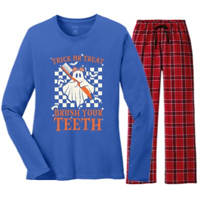 Trick Or Treat Brush Your Teeth Dentist Halloween Costume Funny Gift Women's Long Sleeve Flannel Pajama Set 