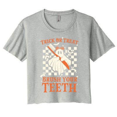 Trick Or Treat Brush Your Teeth Dentist Halloween Costume Funny Gift Women's Crop Top Tee