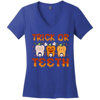 Trick Or Teeth Funny Dentist Halloween Dental Squad Cute Gift Women's V-Neck T-Shirt