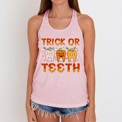 Trick Or Teeth Funny Dentist Halloween Dental Squad Cute Gift Women's Knotted Racerback Tank