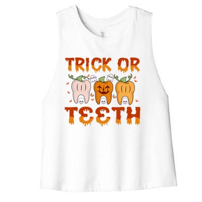 Trick Or Teeth Funny Dentist Halloween Dental Squad Cute Gift Women's Racerback Cropped Tank