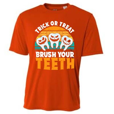 Trick Or Treat Brush Your Teeth Dentist Pun Halloween Dental Funny Gift Cooling Performance Crew T-Shirt