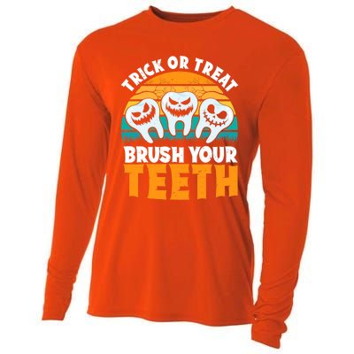 Trick Or Treat Brush Your Teeth Dentist Pun Halloween Dental Funny Gift Cooling Performance Long Sleeve Crew