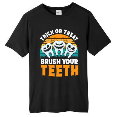 Trick Or Treat Brush Your Teeth Dentist Pun Halloween Dental Funny Gift Tall Fusion ChromaSoft Performance T-Shirt