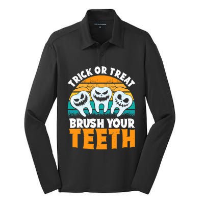 Trick Or Treat Brush Your Teeth Dentist Pun Halloween Dental Funny Gift Silk Touch Performance Long Sleeve Polo