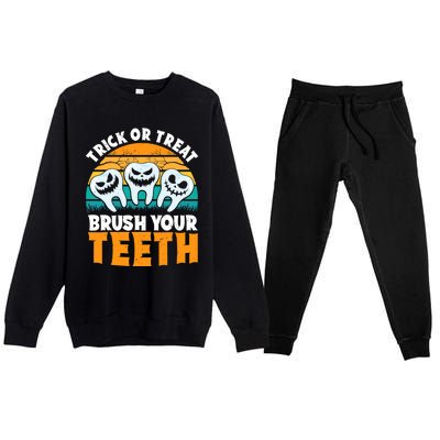 Trick Or Treat Brush Your Teeth Dentist Pun Halloween Dental Funny Gift Premium Crewneck Sweatsuit Set