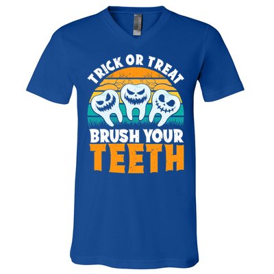 Trick Or Treat Brush Your Teeth Dentist Pun Halloween Dental Funny Gift V-Neck T-Shirt