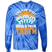 Trick Or Treat Brush Your Teeth Dentist Pun Halloween Dental Funny Gift Tie-Dye Long Sleeve Shirt