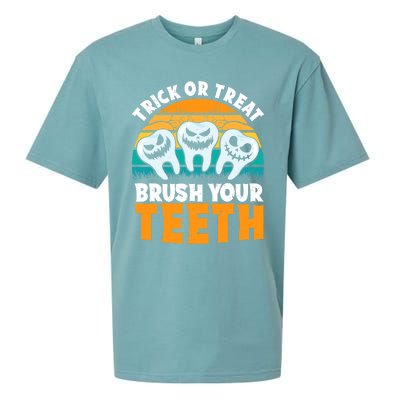 Trick Or Treat Brush Your Teeth Dentist Pun Halloween Dental Funny Gift Sueded Cloud Jersey T-Shirt