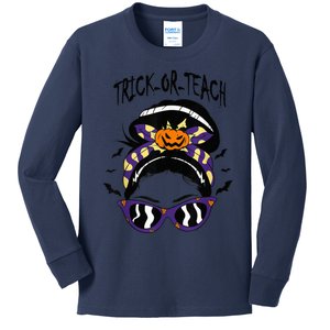 Trick or Teach Cute Halloween Teacher Messy Bun Retro Shades Kids Long Sleeve Shirt