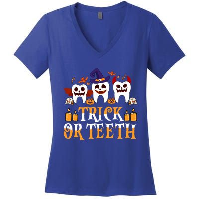 Trick Or Teeth Funny Dentist Halloween Dental Squad Funny Gift Women's V-Neck T-Shirt