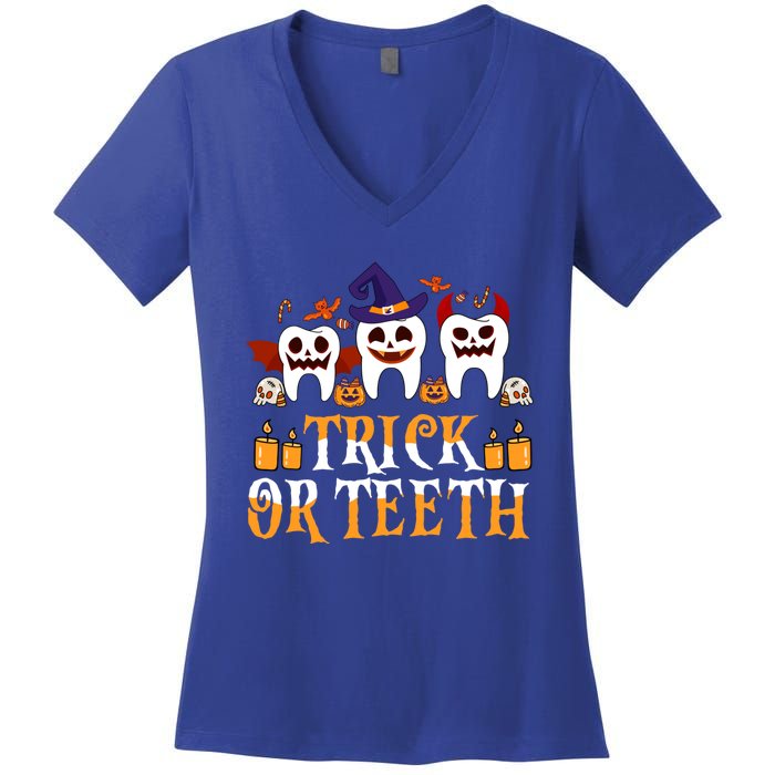 Trick Or Teeth Funny Dentist Halloween Dental Squad Funny Gift Women's V-Neck T-Shirt