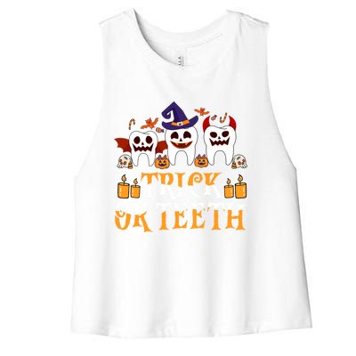 Trick Or Teeth Funny Dentist Halloween Dental Squad Funny Gift Women's Racerback Cropped Tank