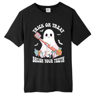 Trick Or Treat Brush Your Teeth Dentist Pun Halloween Dental Gift Tall Fusion ChromaSoft Performance T-Shirt