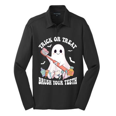 Trick Or Treat Brush Your Teeth Dentist Pun Halloween Dental Gift Silk Touch Performance Long Sleeve Polo