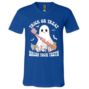 Trick Or Treat Brush Your Teeth Dentist Pun Halloween Dental Gift V-Neck T-Shirt