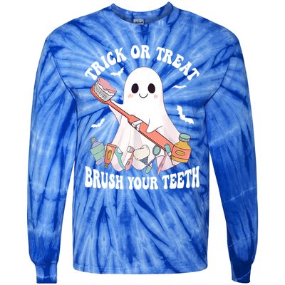 Trick Or Treat Brush Your Teeth Dentist Pun Halloween Dental Gift Tie-Dye Long Sleeve Shirt