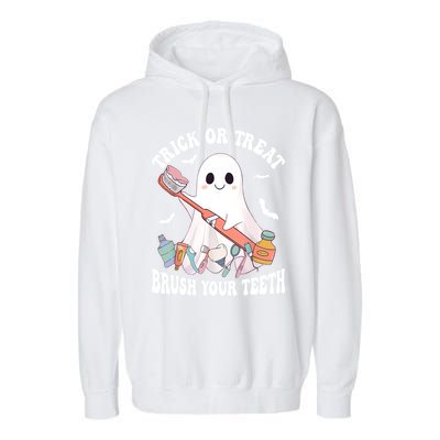 Trick Or Treat Brush Your Teeth Dentist Pun Halloween Dental Gift Garment-Dyed Fleece Hoodie