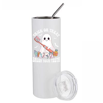 Trick Or Treat Brush Your Teeth Dentist Pun Halloween Dental Gift Stainless Steel Tumbler